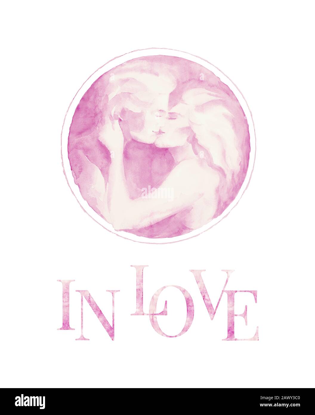In Love. Couple in Love Kiss. Romantic. Secret Life. Big Love. Watercolor Big Letters. Pre-made Composition. Print quality. White background. Stock Photo