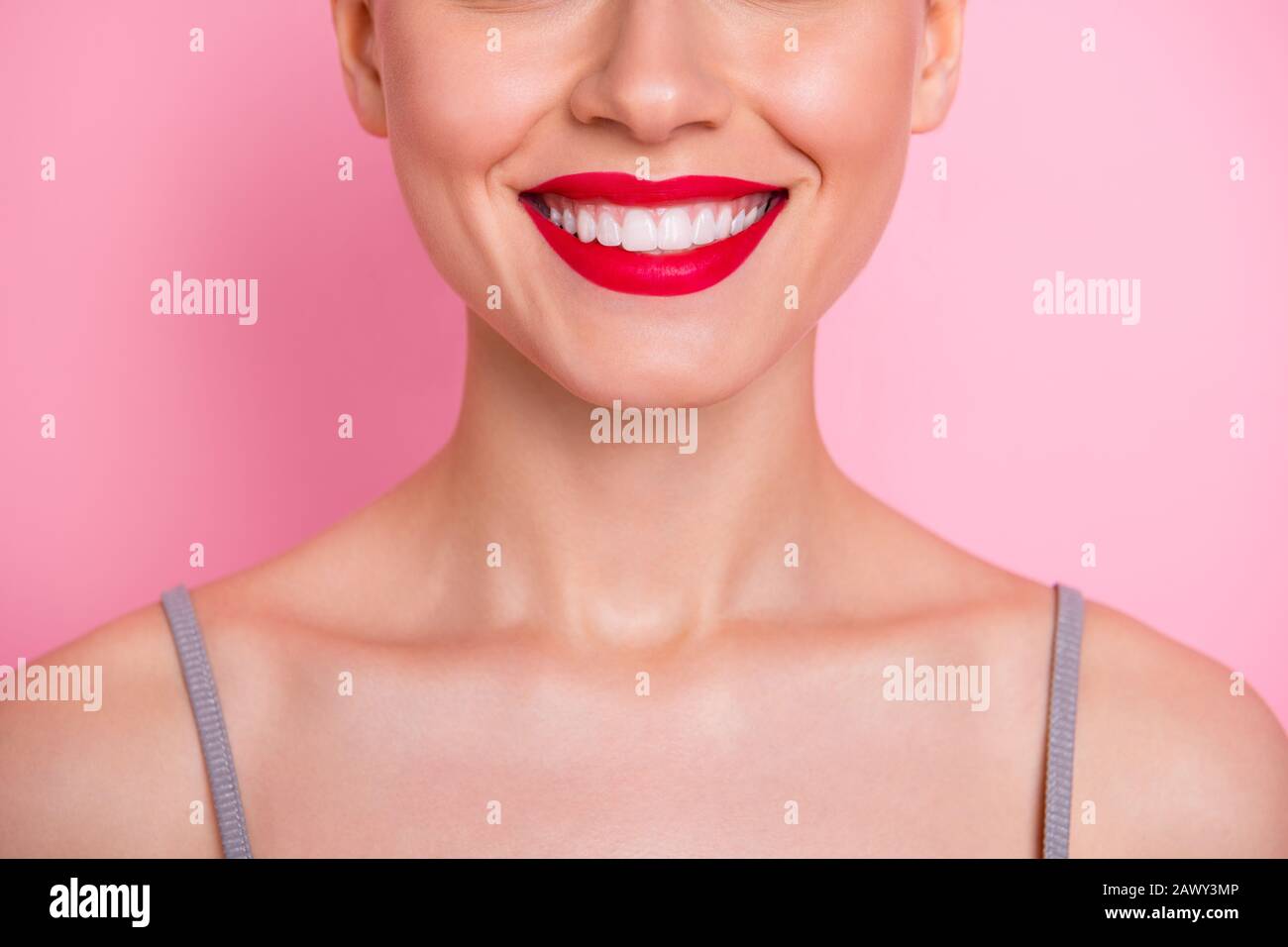 Close up cropped photo of cheerful girl visit dental medical clinic have implantology procedure veneers enjoy her teeth strong white fresh breathing Stock Photo