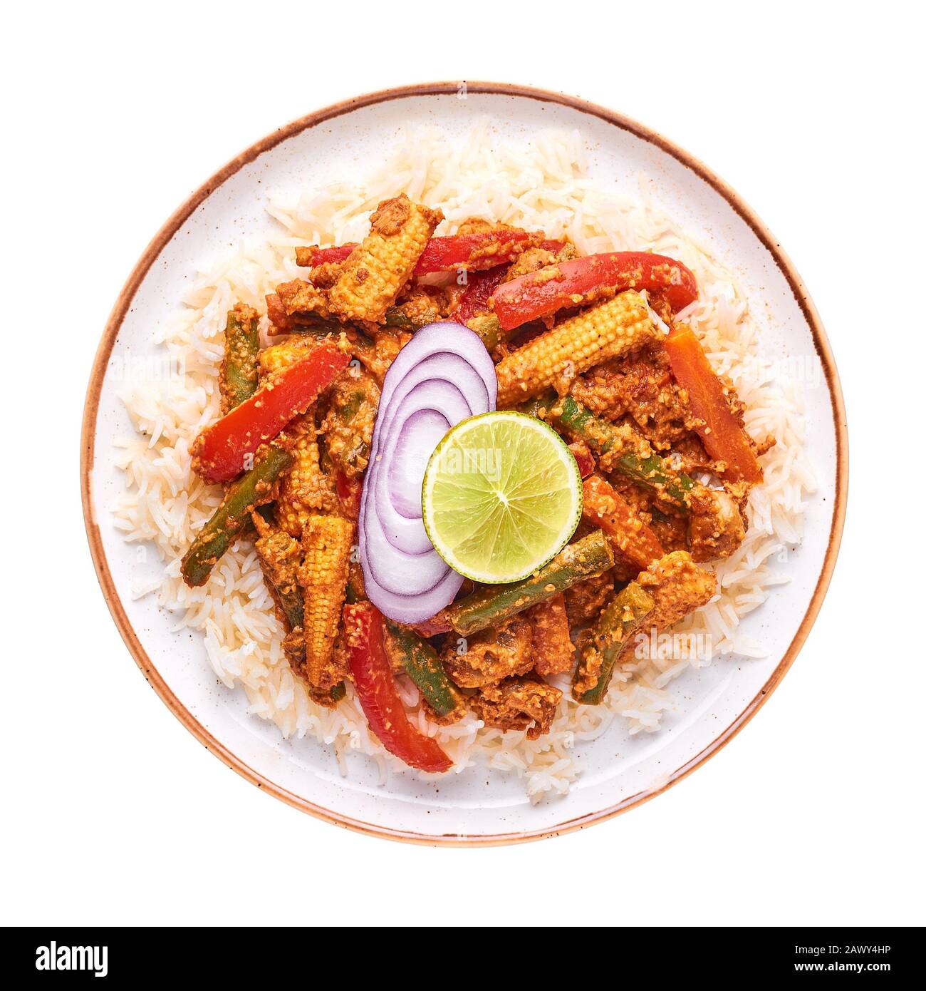 Vegetable Jalfrezi with basmati rice isolated on white background