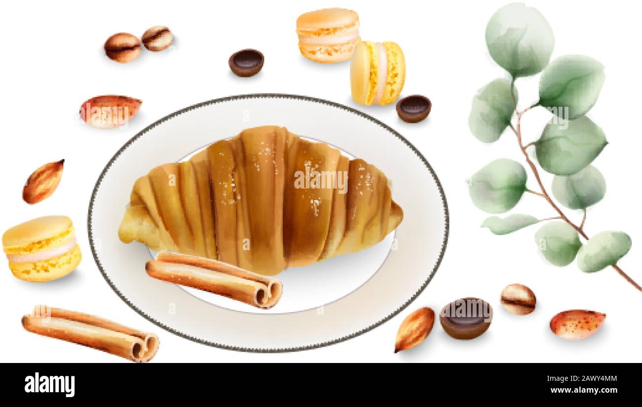 Delicious croissant with cinnamon sticks, macaron sweets and toffee