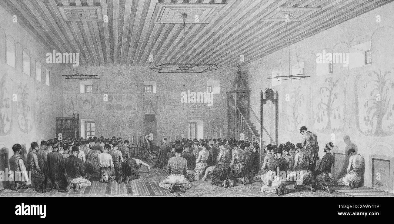 Raffet A. Crimean Tatars in the Mosque (Tekie Han Cami in Belogorsk (Karasubazar)). 1840s. Stock Photo