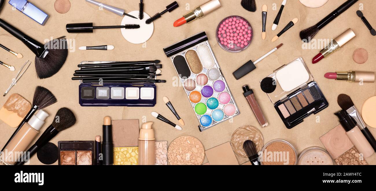 Big set of various makeup products and accessories on kraft paper  background. Make-up table. Top view, flat lay Stock Photo - Alamy