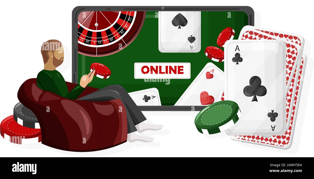 Man playing online casino while sitting on a red couch with chips in hands. Red couch. Vector Stock Vector