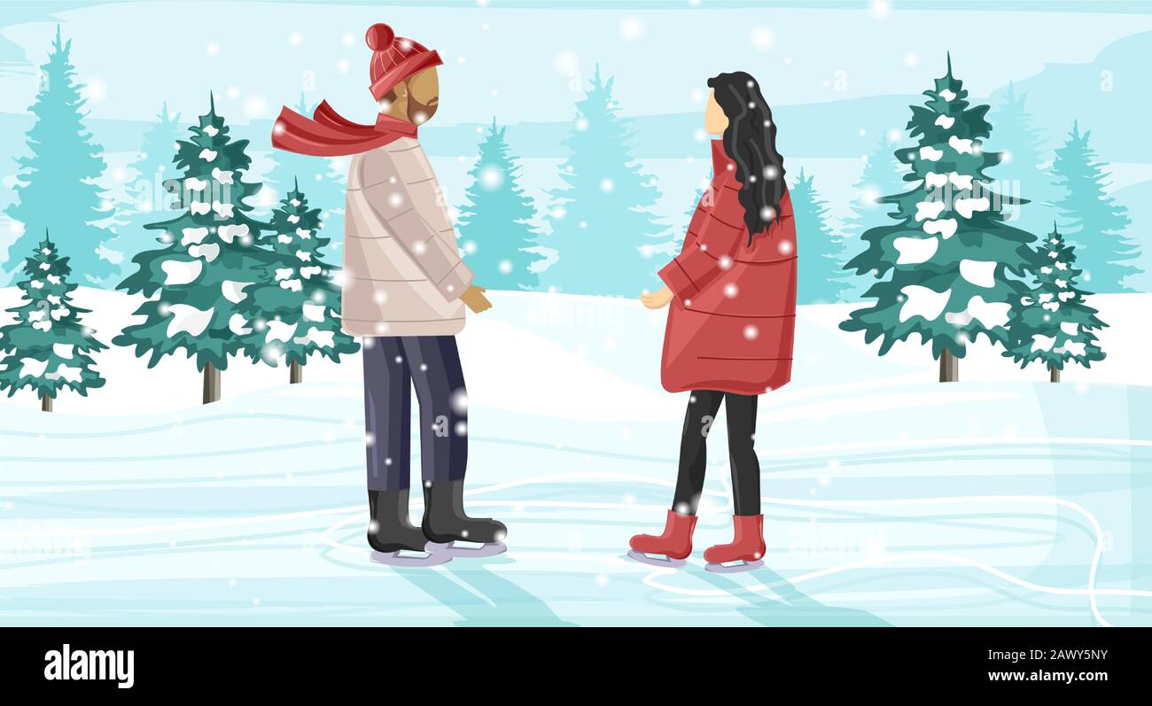 Young couple skating on ice rink outside in the park. Snow falling. Trees on background. Winter season vector Stock Vector