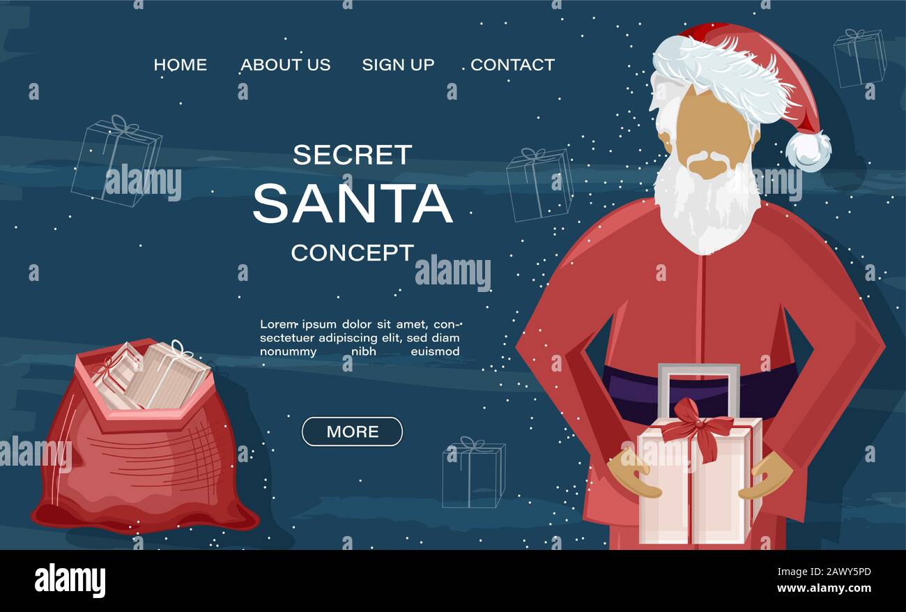 Secret santa site concept with santa claus holding gift box. Blue background with line art holiday drawings. Vector Stock Vector