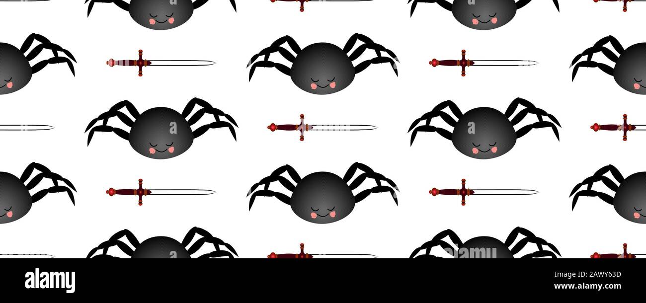 Black spider pattern. Mch on a dark background. Seamless pattern for textile and fabric design. Stock Vector