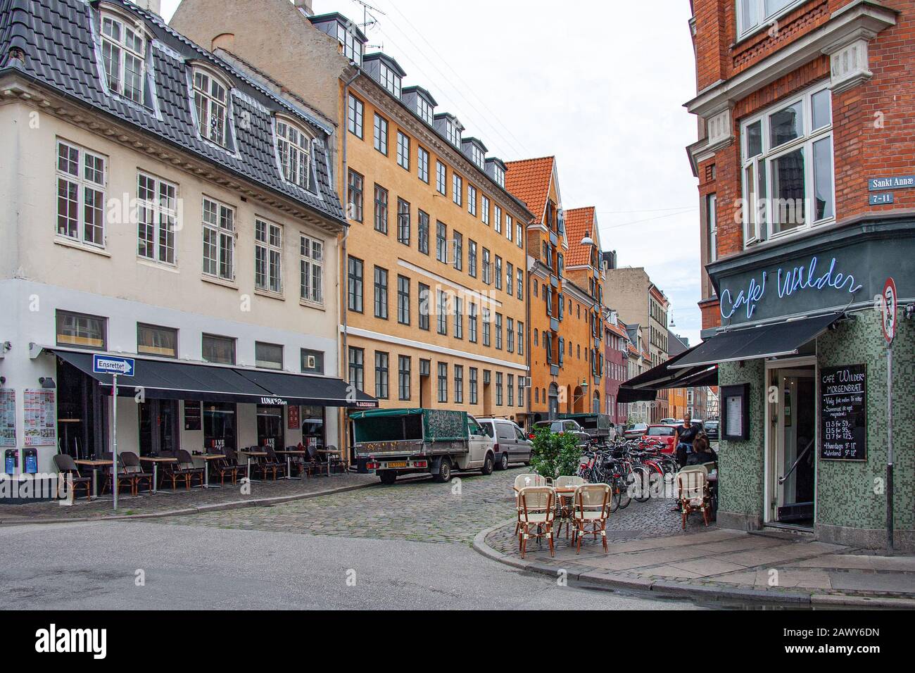 street in Copenhagen with cafè Stock Photo
