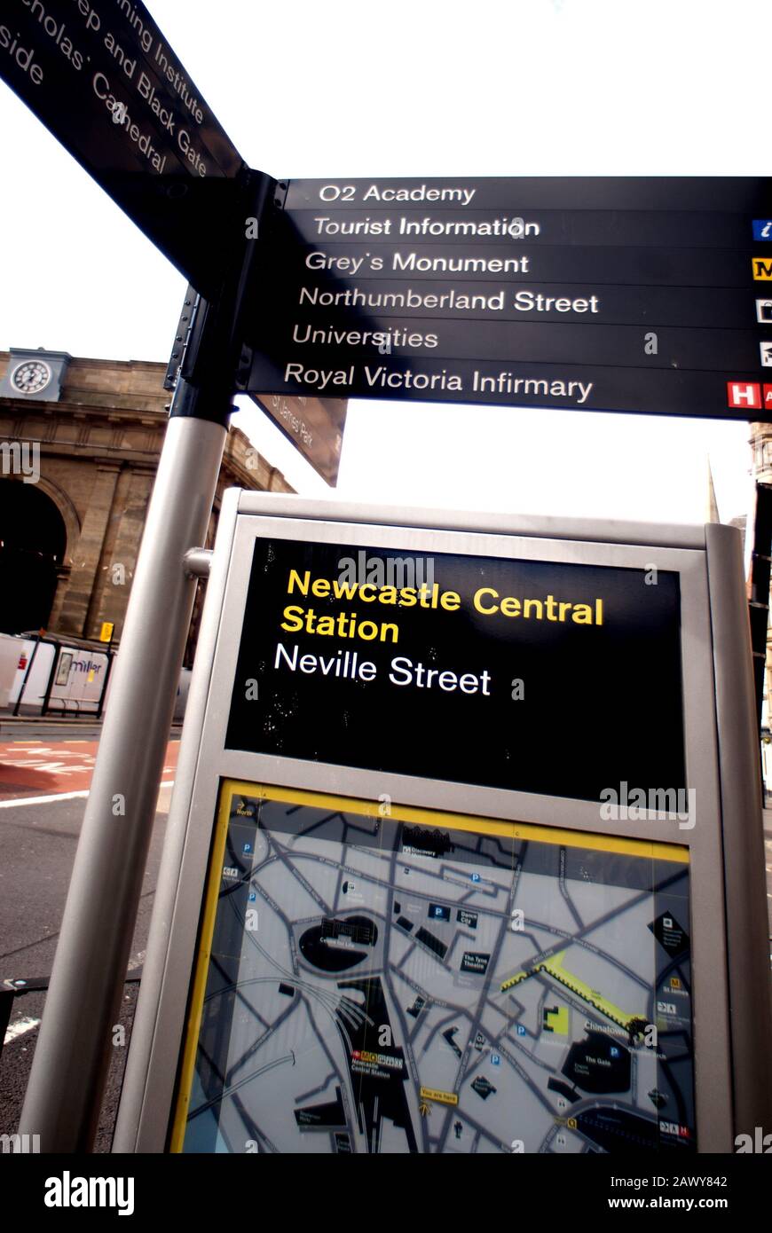 Information sign, Central Sation and Neville Street, Newcastle-upon-Tyne Stock Photo