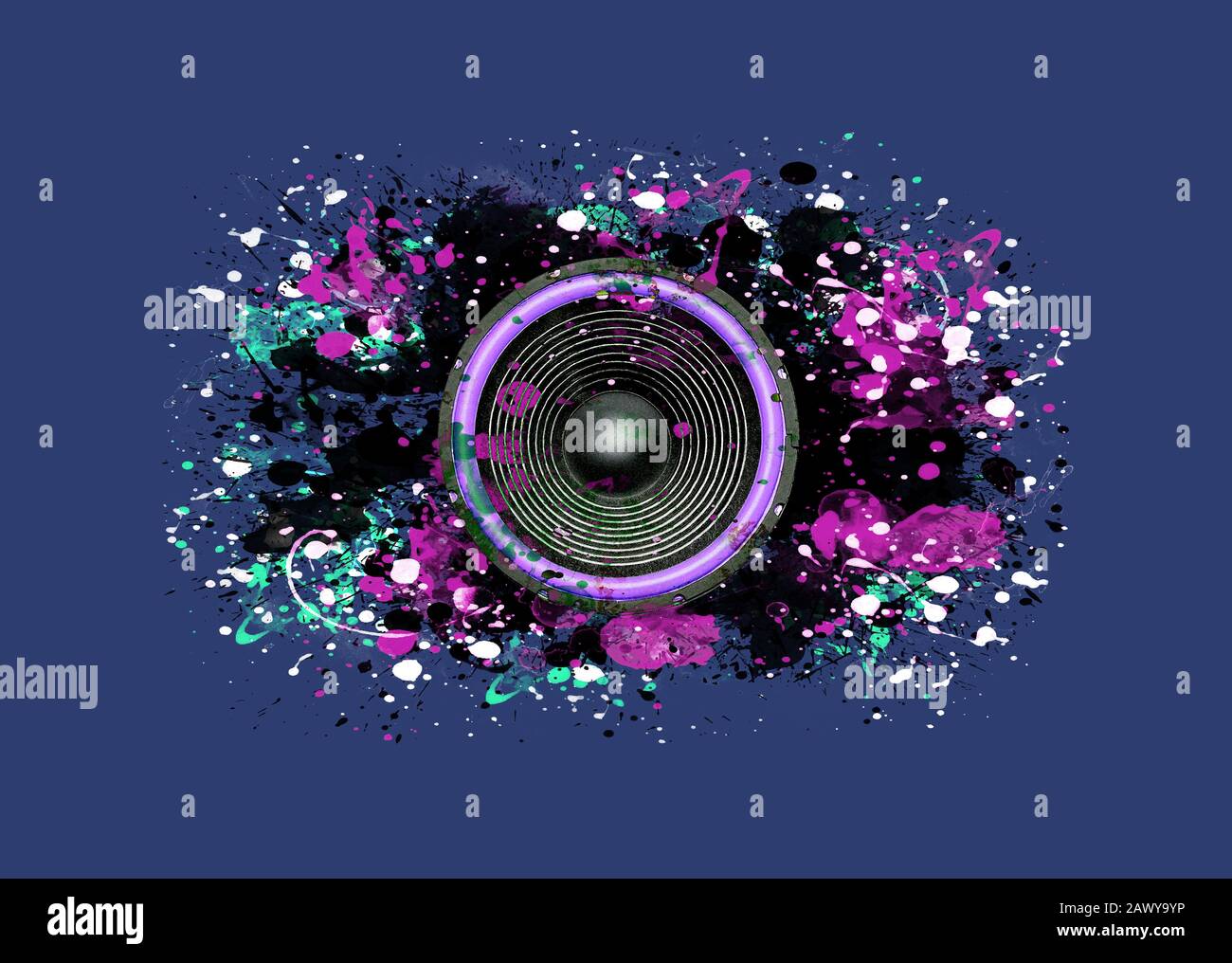 Purple music speaker and splattered paint on a blue background Stock Photo