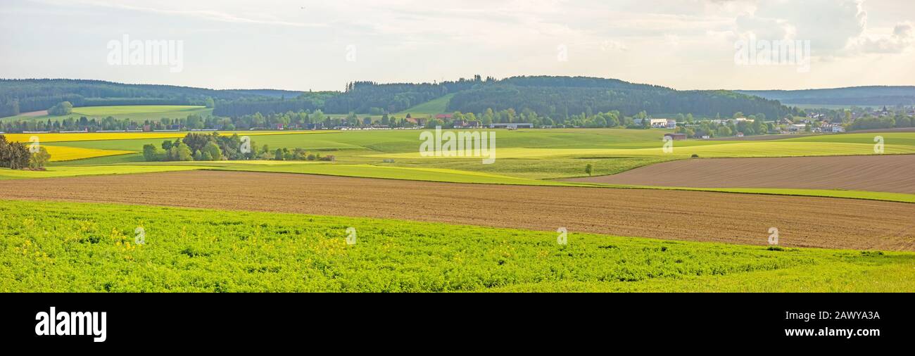 Farmland panorama - brown field, green meadow, rural landscape Stock Photo