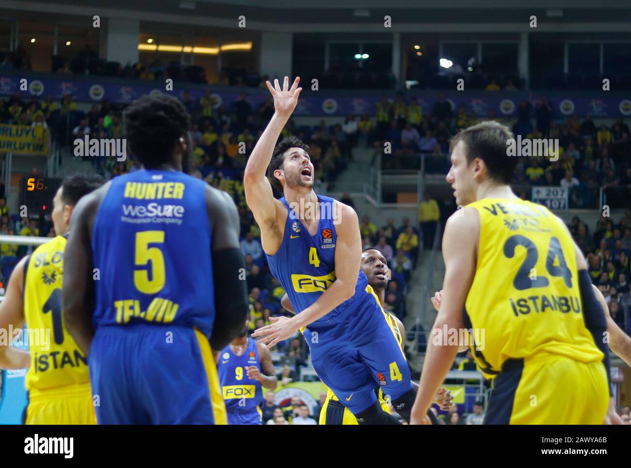 ISTANBUL / TURKEY - FEBRUARY 7, 2020: Angelo Caloiaro	during EuroLeague 2019-20 Round 24 basketball game between Fenerbahce and Maccabi Tel Aviv at Ulker Sports Arena. Stock Photo