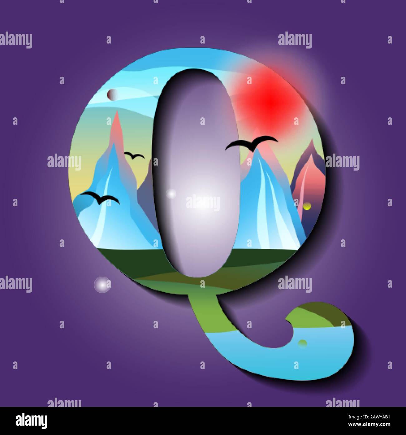 Letter Q with mountains ornaments. Golden sunset with red sky. Mystic