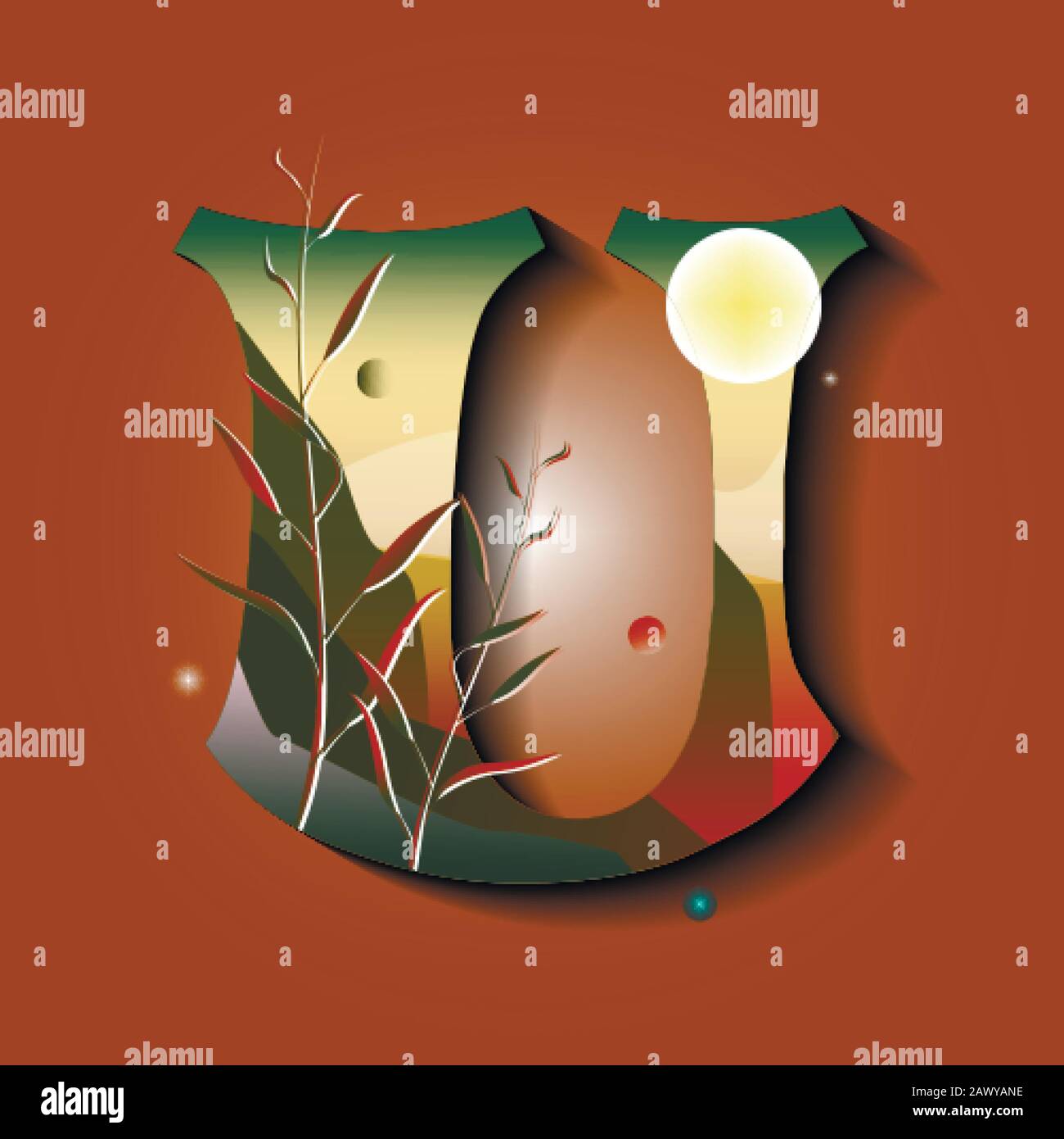Letter U in golden autumn style. Tree with leaves. Mountains with moon ...