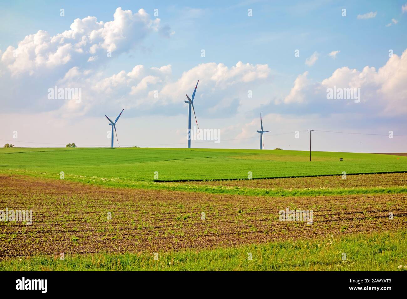 Windmills, eco power, wind turbines on farmland Stock Photo