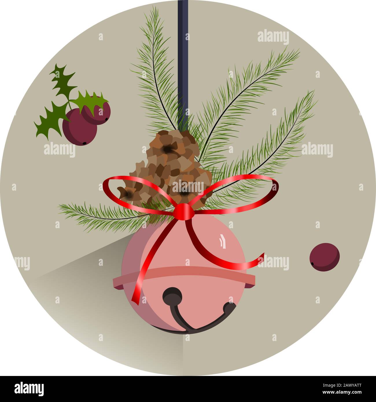Winter composition with rose bauble hanging, fir tree leaves and fruit. Pine cone. Vector Stock Vector