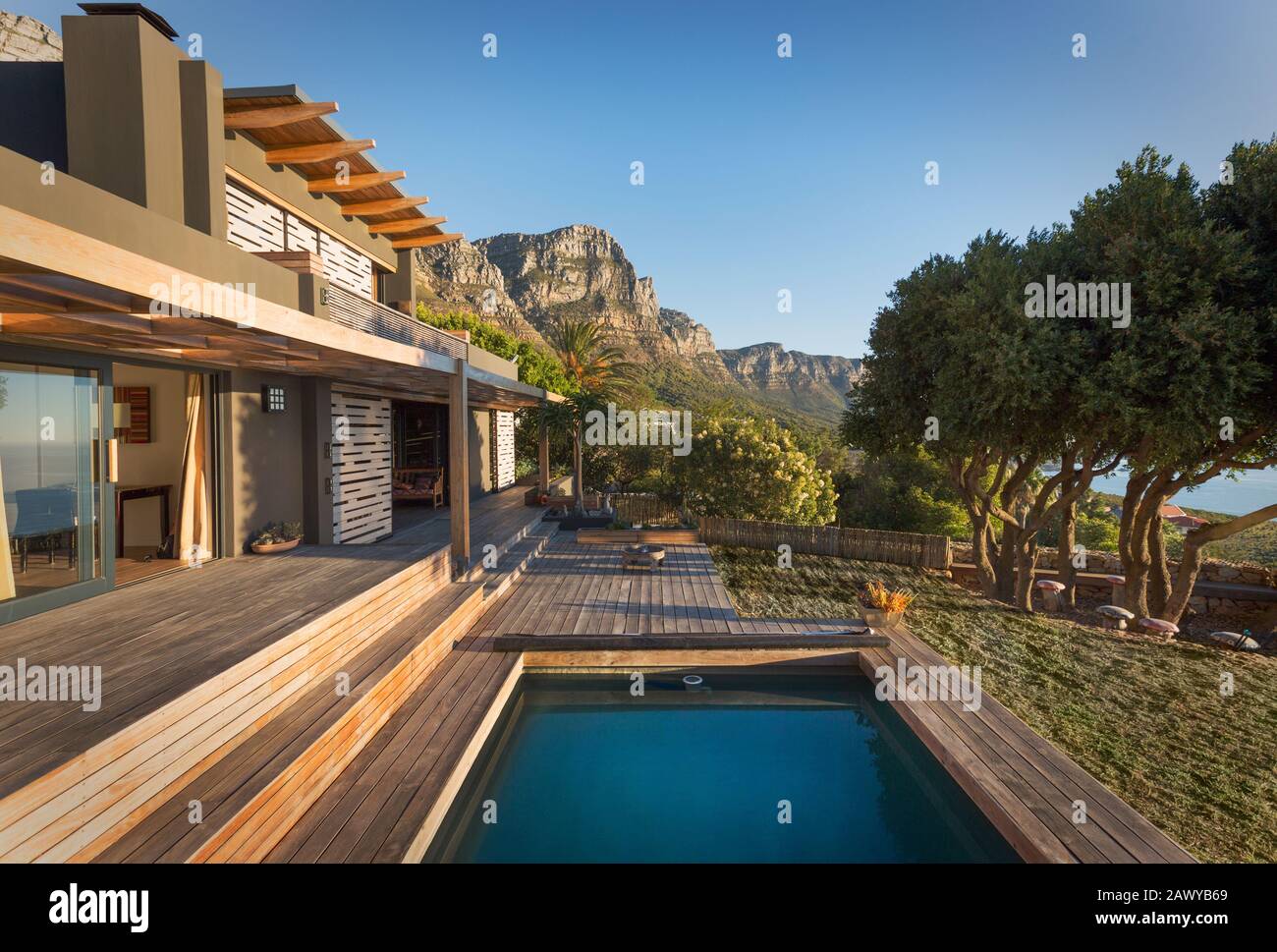 View of Mountains in background of luxury home showcase exterior house with ...