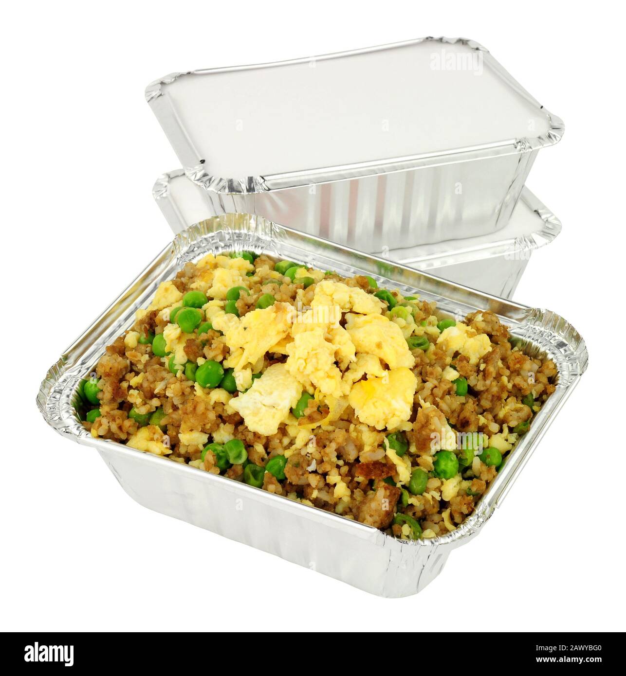 Chinese egg fried rice in a foil take away container isolated on a