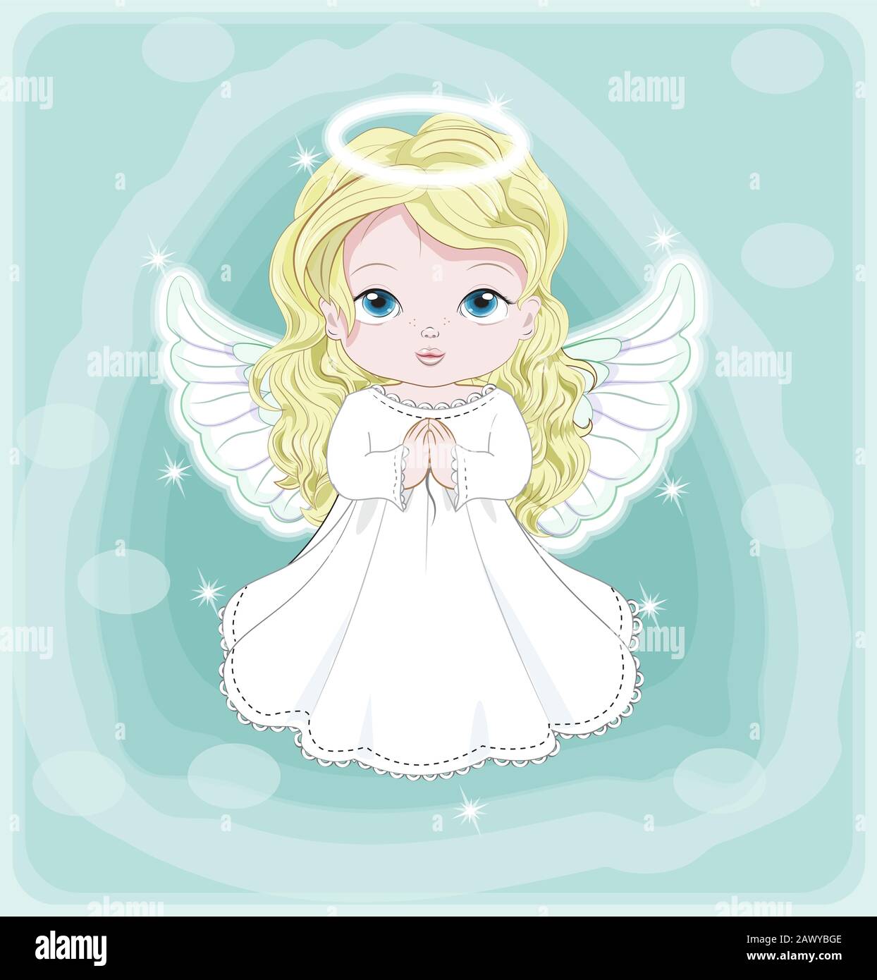beautiful, charming little baby angel, in white dress. Picture in hand