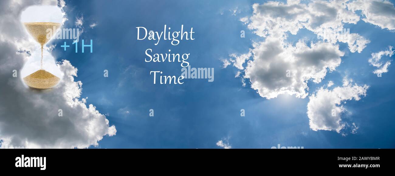 Daylight Saving Time (DST). Blue sky with white clouds and clock. Turn ...