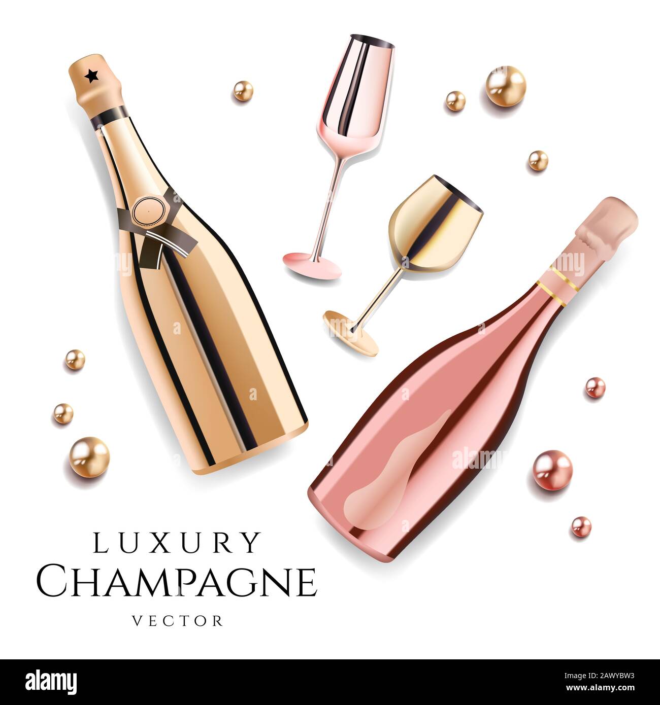 Rose gold champagne bottles with wine glasses, luxury festive alcohol products for celebration, vector illustration. Stock Vector