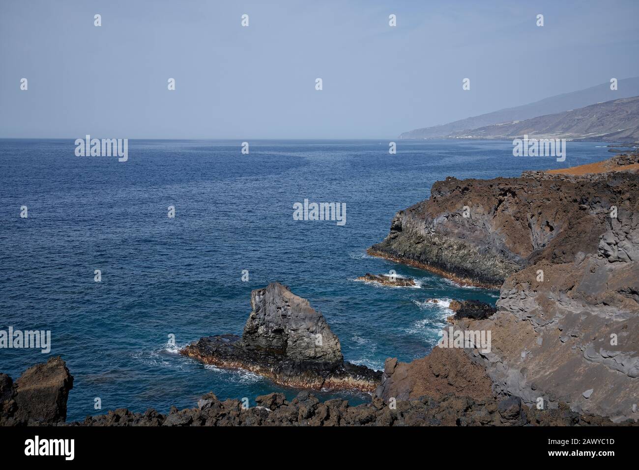 Atlantic Ocean coastline of La Palma Island, the Canaries. Volcanic rock coastal shore. Stock Photo