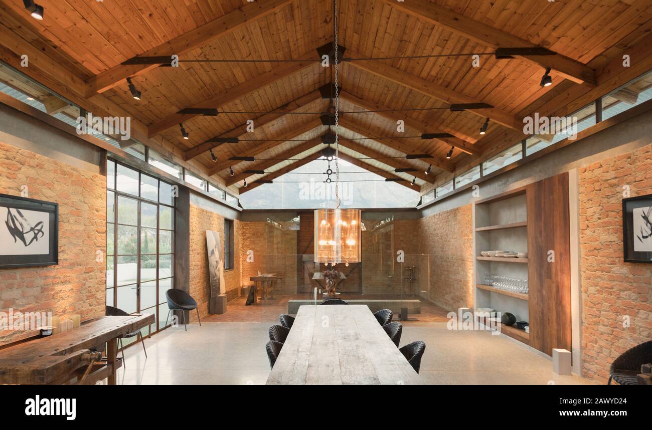 Home showcase interior with vaulted wood ceiling Stock Photo