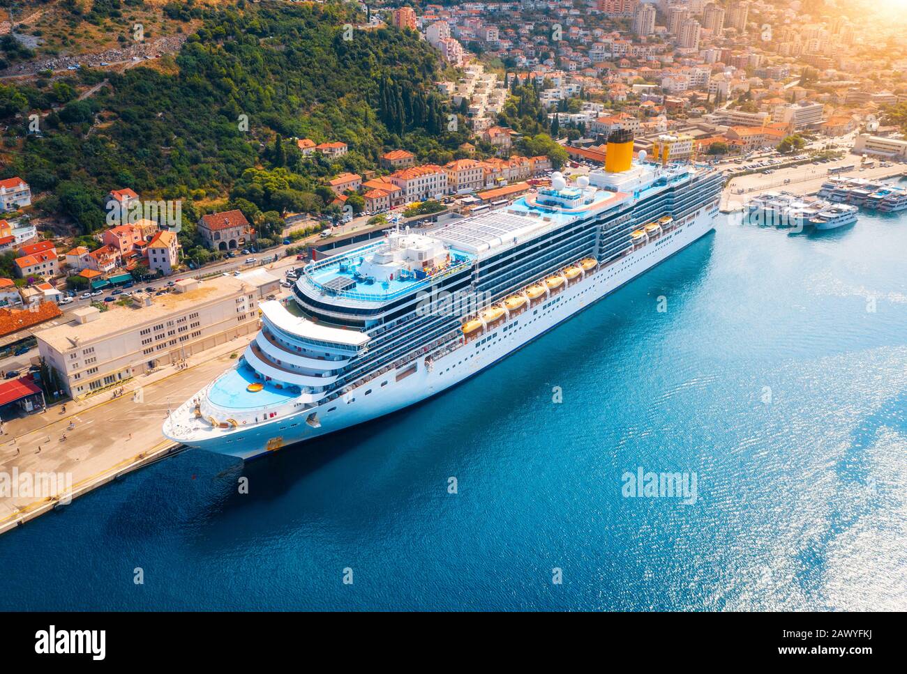 Aerial view of cruise ship in port at sunset in Dubrovnik Stock Photo ...