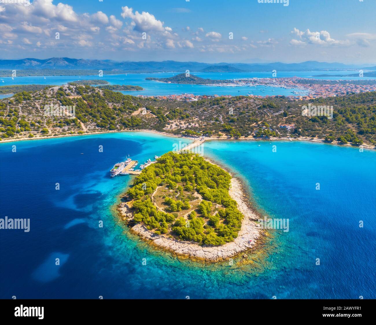 Aerial view of beutiful small island in sea bay at sunny day Stock Photo