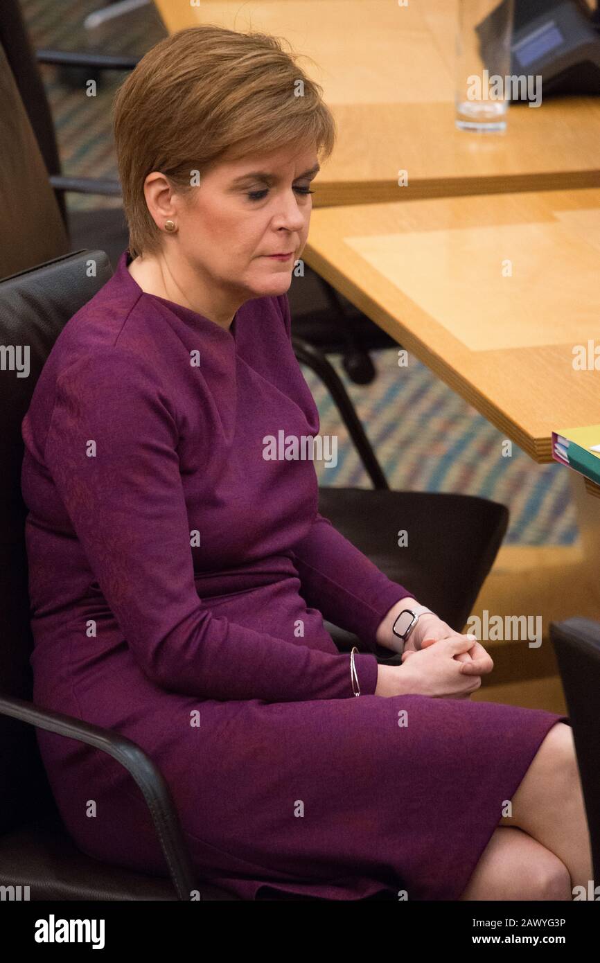 Edinburgh, UK. 5 February 2020. Pictured: Nicola Sturgeon MSP - First Minister of Scotland and Leader of the Scottish National Party seen in the debating chamber in the Scottish Parliament, Holyrood in Edinburgh. Stock Photo
