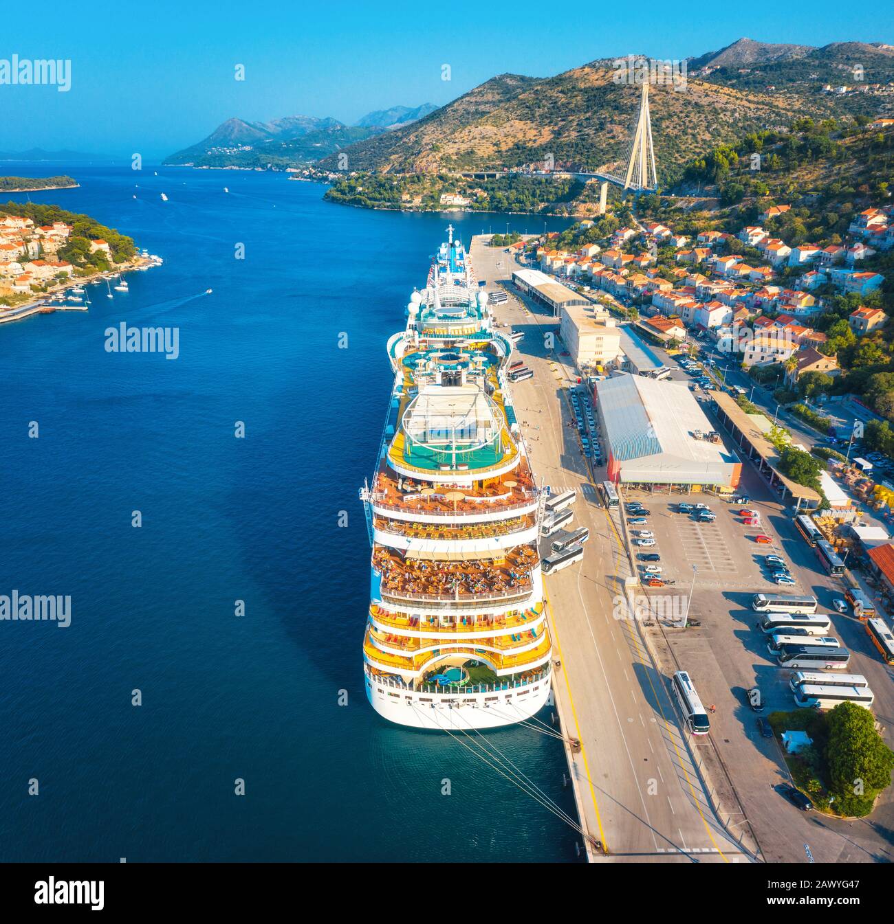 Aerial view of cruise ship in port at sunset in Dubrovnik Stock Photo ...