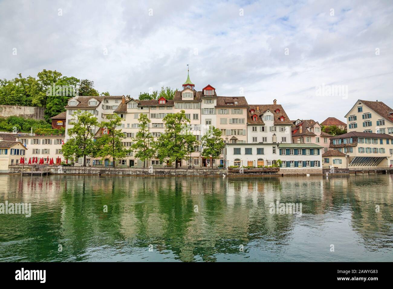 Famous sight Taufergedenkplatte, river Limmat in front. View from Limmatquai. Stock Photo