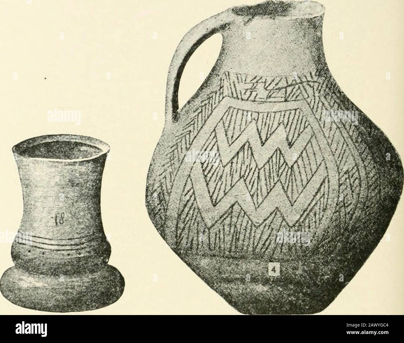 An introduction to the study of prehistoric art . Fig. 180.—Pottery from Lake Dwelling ofRobenhausen. (Quarter size.) Fig. 181.—Pottery from Lake Dwelling ofSchussenried, Federsee. (One-third size). garment (Fig. 185). Although a few copper and bronzeobjects have been found in both these stations, yet fromthe general character of the relics with which they are Hoernes based on the character of its ornamentation—(i) Peripheric,and earlier, ornamented over the whole surface ; (2) Tectonic, andlater, in which the ornament is displayed only on divided-off spaces, cf.Congrls Inicrnat. (VAnthrop., M Stock Photo