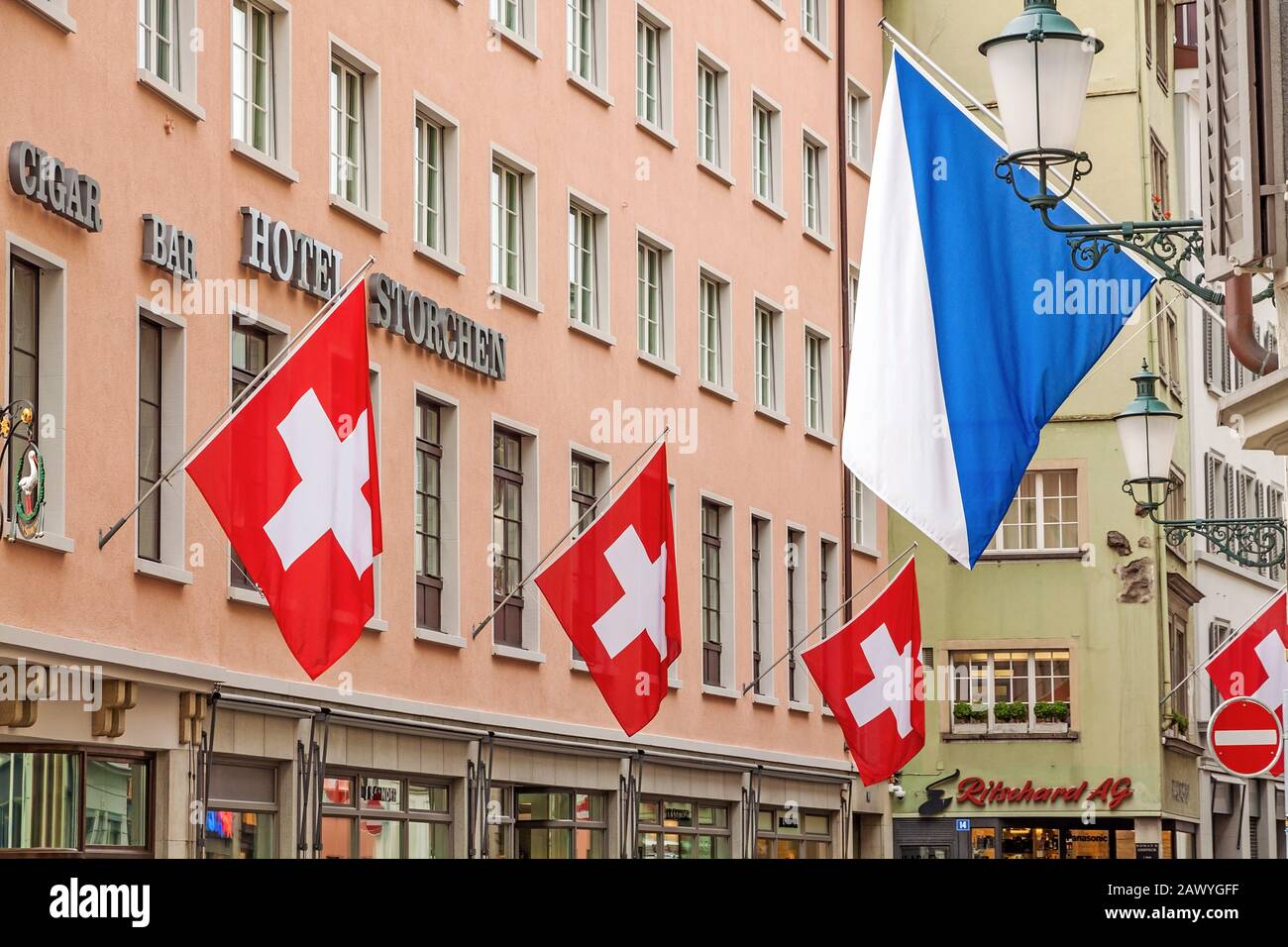 Zurich, Switzerland June 10, 2017 Facade of Hotel Storchen with