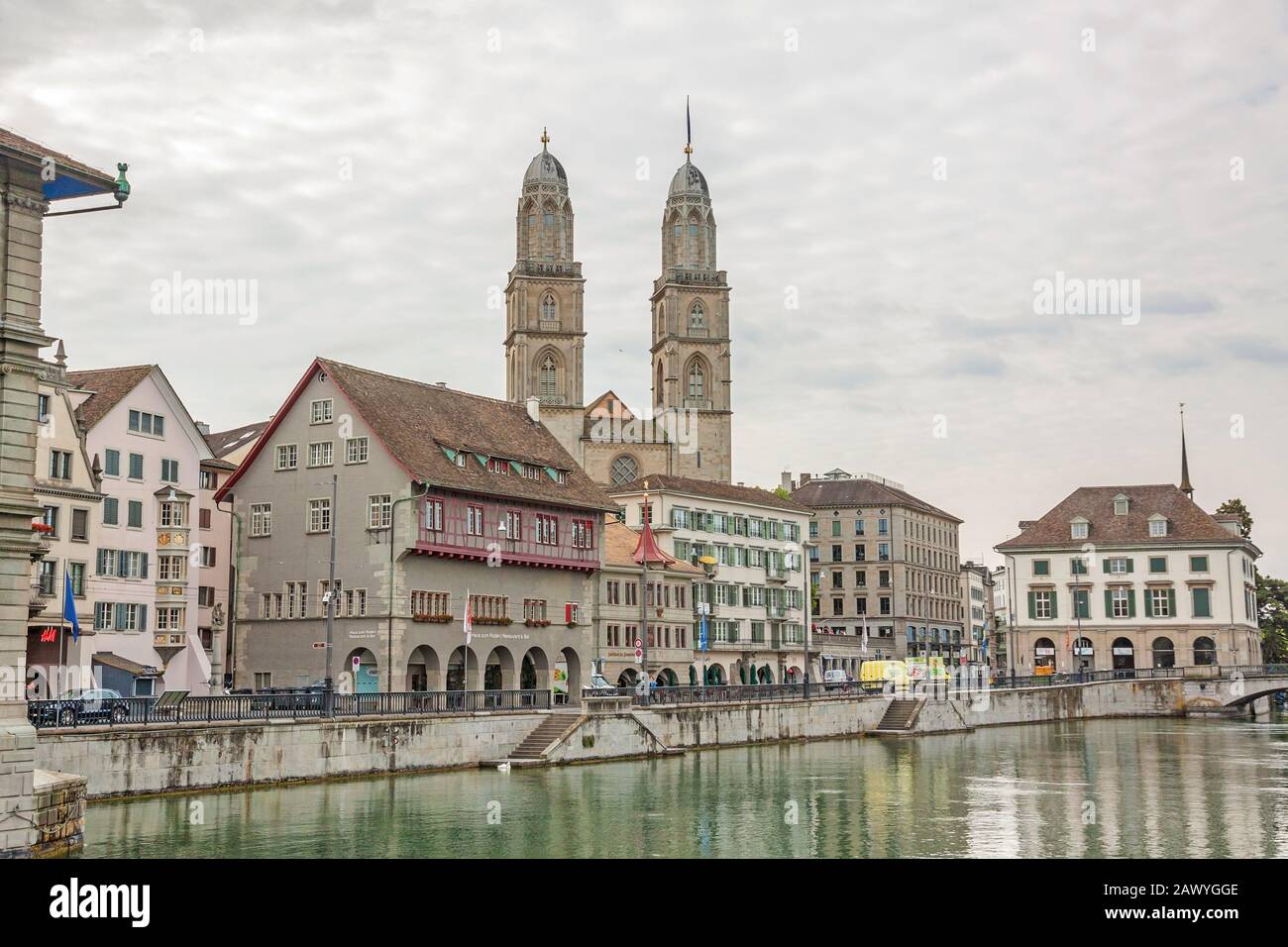 Zurich, Switzerland - June 10, 2017: The Grossmunster is a Romanesque-style Protestant church in Zurich, Switzerland. It is one of the three major chu Stock Photo