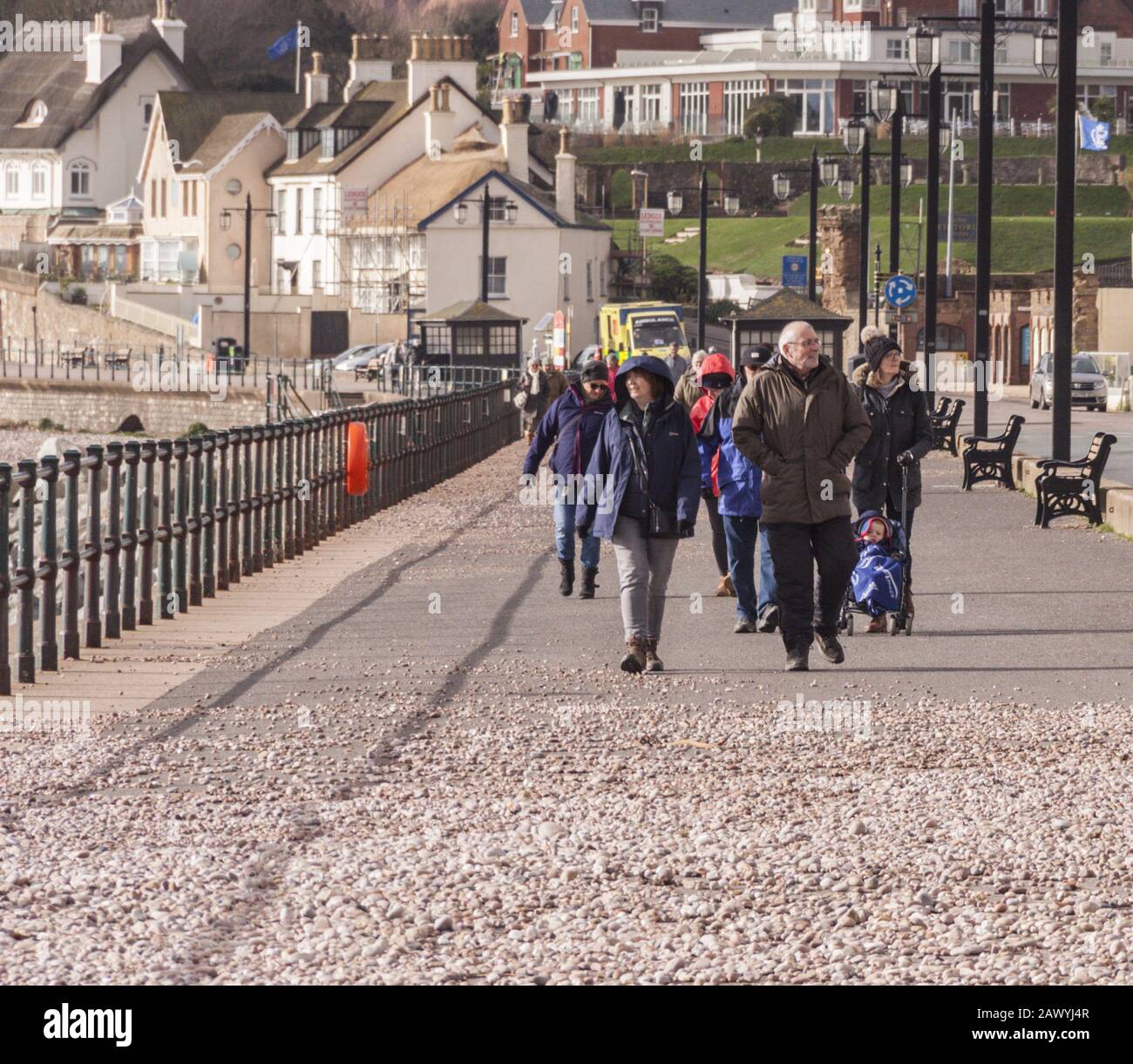 Sidmouth, Devon. 10th Feb 2020. UK Weather: Glass sea defence panels installed on test on the sea wall at Sidmouth, Devon, withstood the full battering of storm Ciara, which pounded the seafront, and the panels, with shale and rock. Credit: Photo Central/Alamy Live News Stock Photo