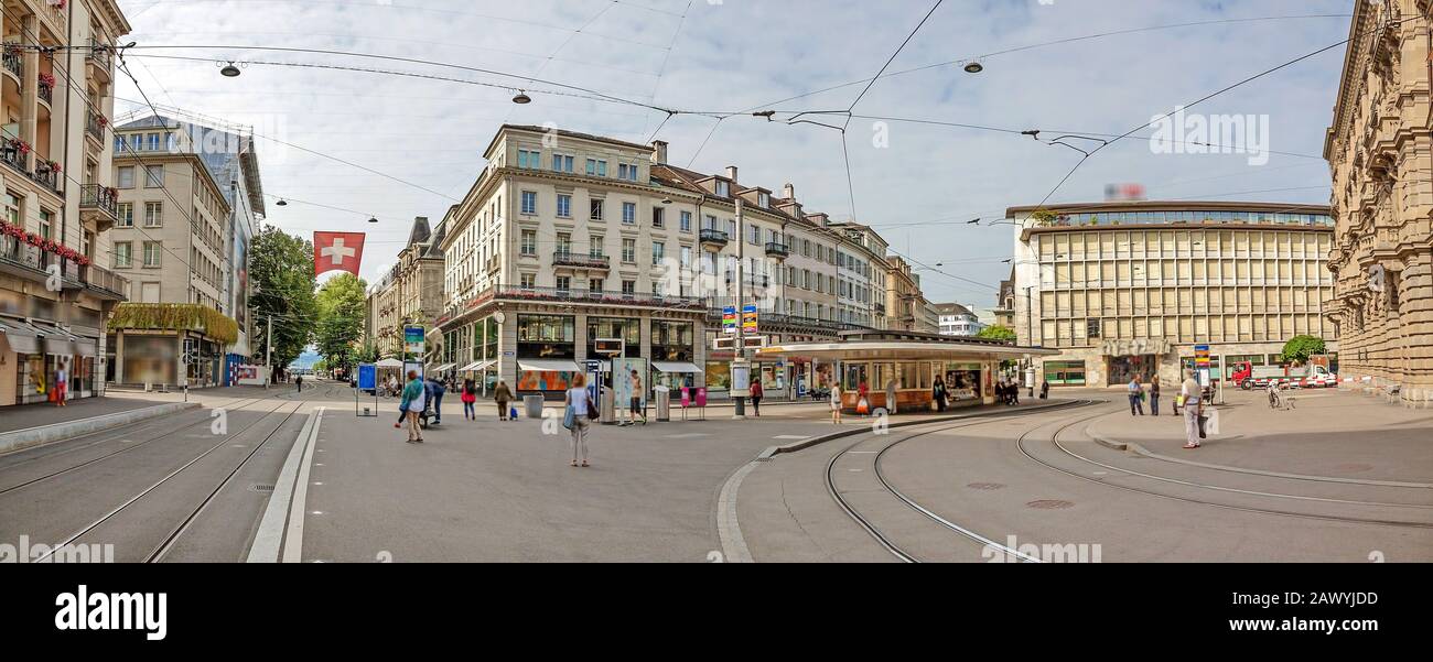 Paradeplatz panorama, inner city of Zurich, view from shopping promenade called Bahnhofstrasse towards Burkliplatz. Stock Photo