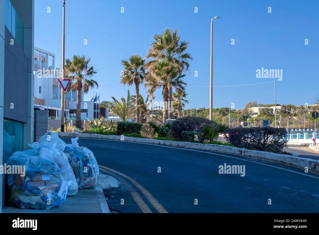 IlMellieha, Malta January, 2020 Pile of full plastic garbage bags