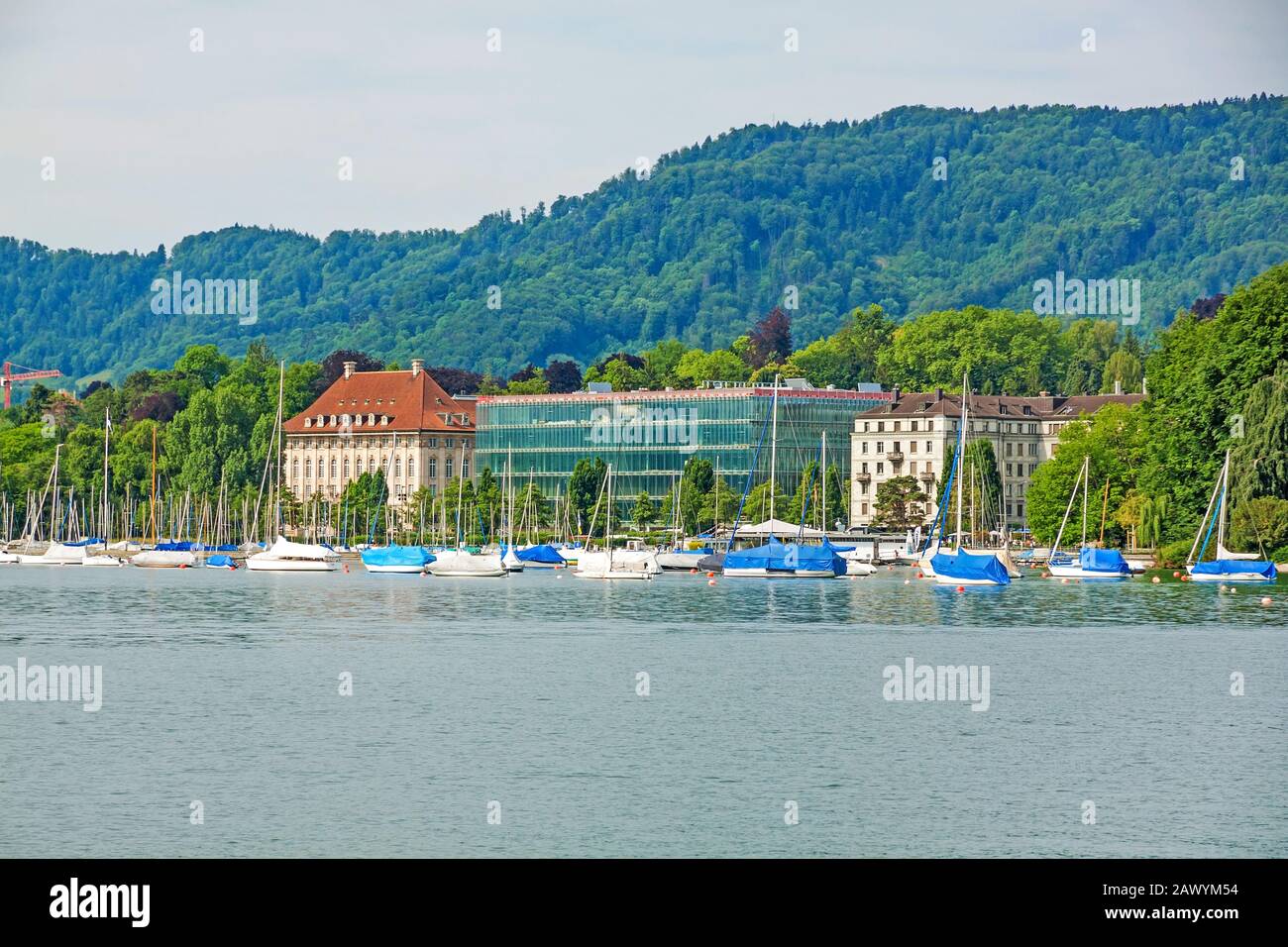 View from square Burkliplatz / Burkliterrasse towards western bank of Lake  Zurich, Mythenquai / Enge Stock Photo - Alamy