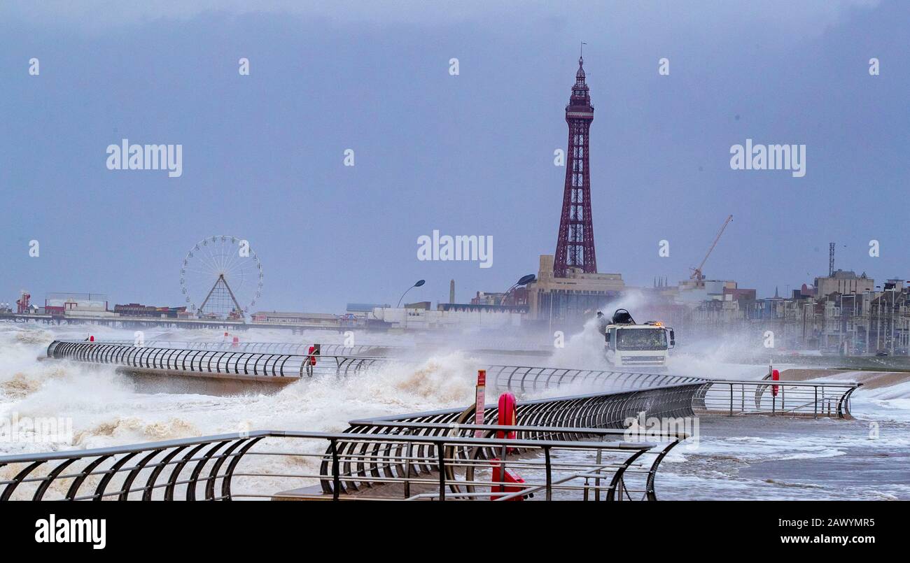 Waves crash over Blackpool waterfront as weather warnings for wind, snow and ice have been issued across large parts of the country as the UK struggles to recover from the battering from Storm Ciara. Stock Photo