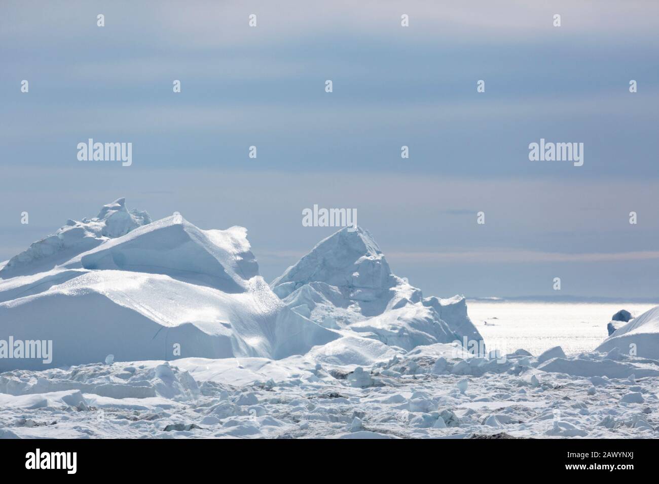 Sunny melting polar glacier Atlantic Ocean Greenland Stock Photo