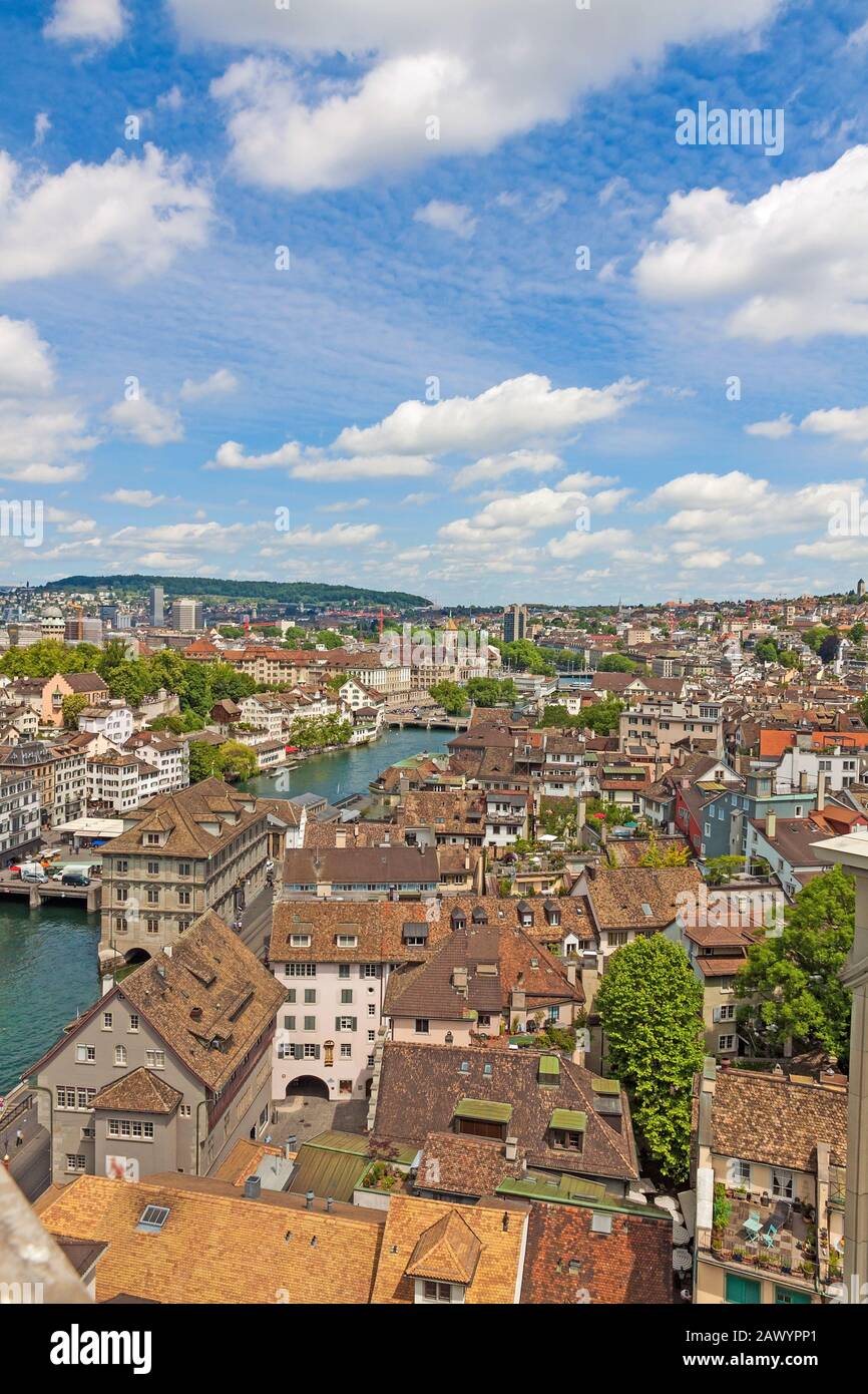 View over Zurich, old traditional houses downtown near river limat Stock Photo