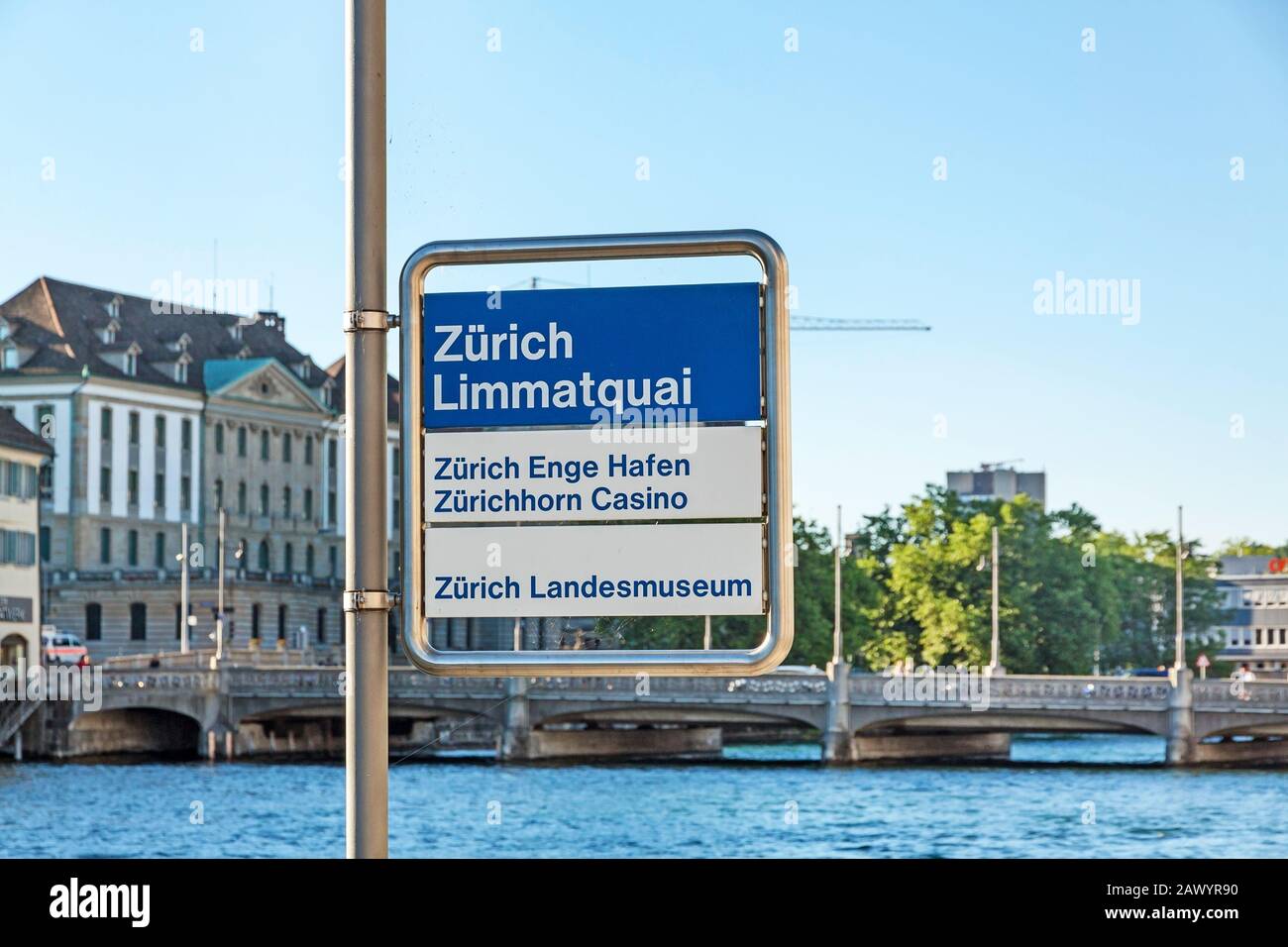 Zurich, Switzerland - June 10, 2017: Sign at Limmatquai near river Limmat signed with 'Zurich Limmatquai' - Zurich port Enge 'Zurich Enge Hafen' - Zur Stock Photo