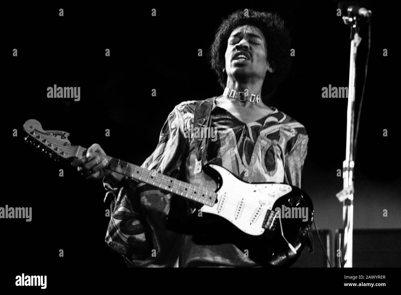 Jimi Hendrix at the famous Isle of Wight Festival in 1970, it is estimated that between 600 and 700,000 people attended. Sunday, August 30, 1970 Stock Photo