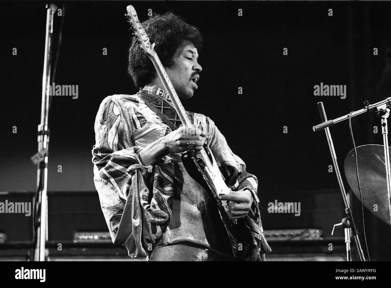 Jimi Hendrix at the famous Isle of Wight Festival in 1970, it is estimated that between 600 and 700,000 people attended. Sunday, August 30, 1970 Stock Photo