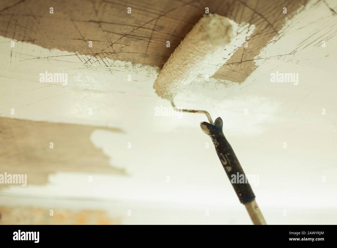 Paint roller painting ceiling white Stock Photo Alamy