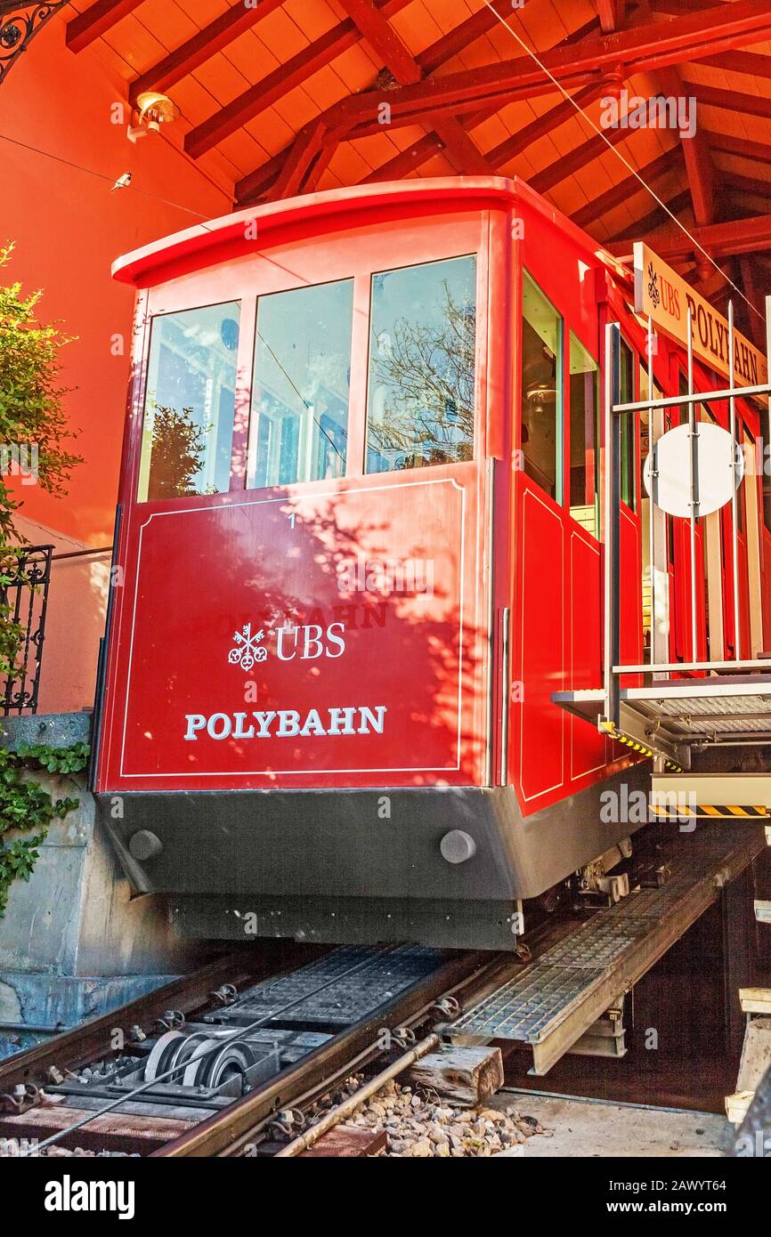 Zurich, Switzerland - June 10, 2017: Zurich ropeway, summit station 'Limmatquai-Bahnhof' with cable car - Polyterrace (Polyterrasse) near University Stock Photo