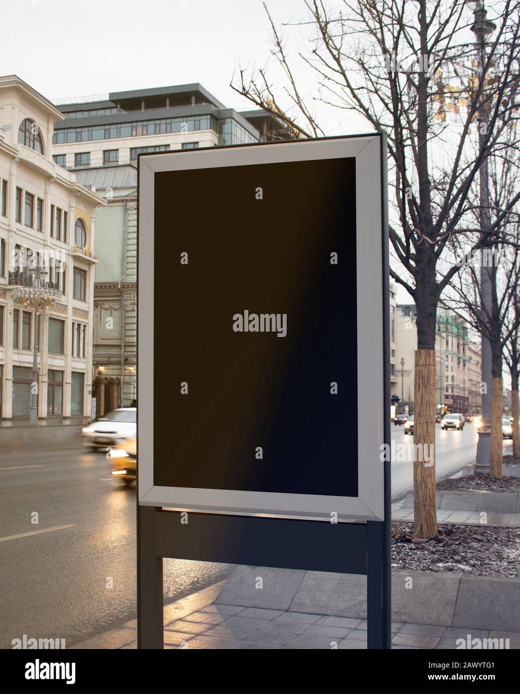 Blank black rectangular pylon stand on street mock up Stock Photo - Alamy