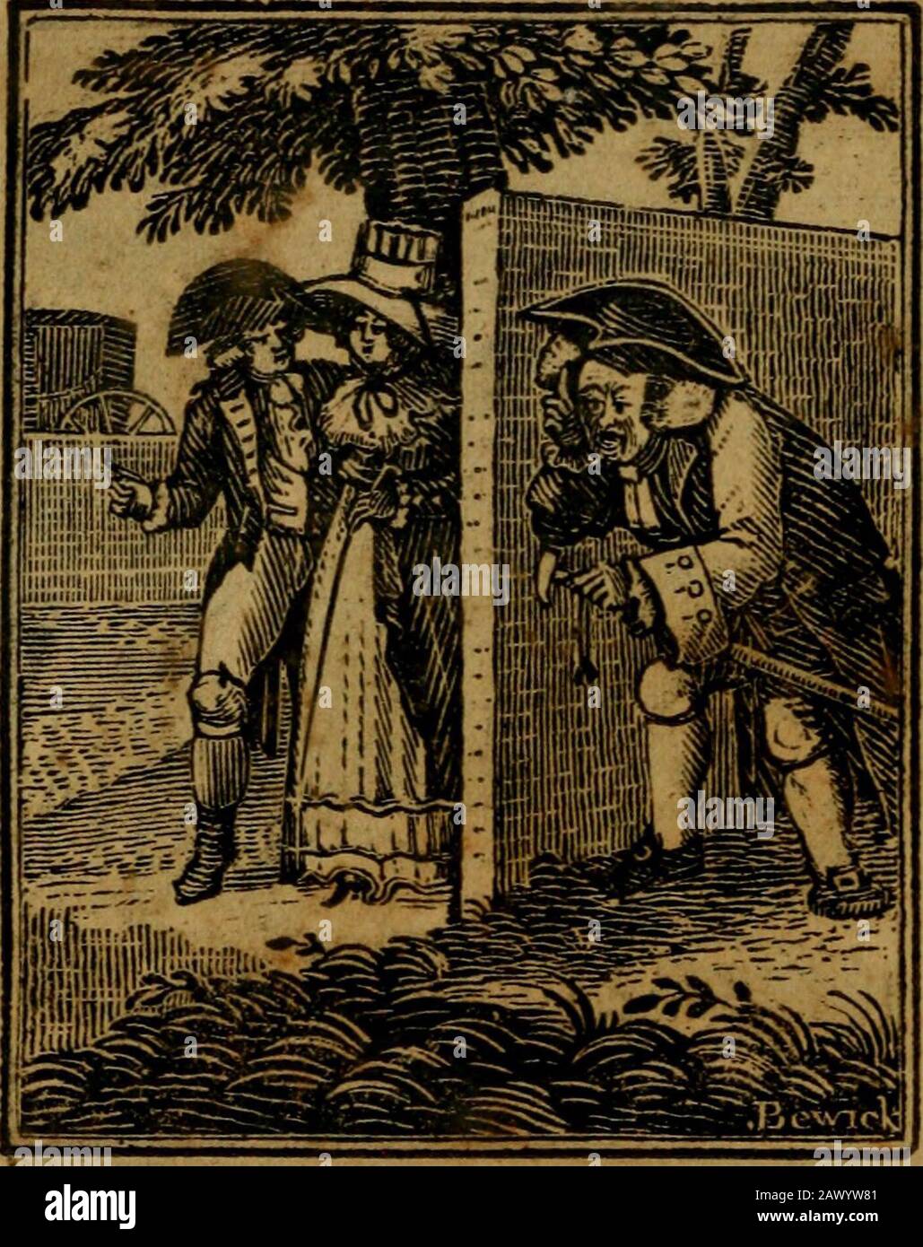 Proverbs in verse, or, Moral instruction conveyed in pictures for use of schools, on the plan of Hogarth moralized . Mans a machine, and wears away As other things; but past,With gentle use, we dare to say, The longer it will last. Young Wilding gallops at full speed,Now stops and falls a prancing ; Old Gafler, on his aged steed,Steals by him, far advancing. So is it seen in busy life ; Who wish the way to lead,The faster to get on their strife, So much the less they speed. 17 Hedges have Eyes and Walls Jiave Ears,. Lucinda, in her tender years,Vows to obey her Strephons call;Unheeding that he Stock Photo