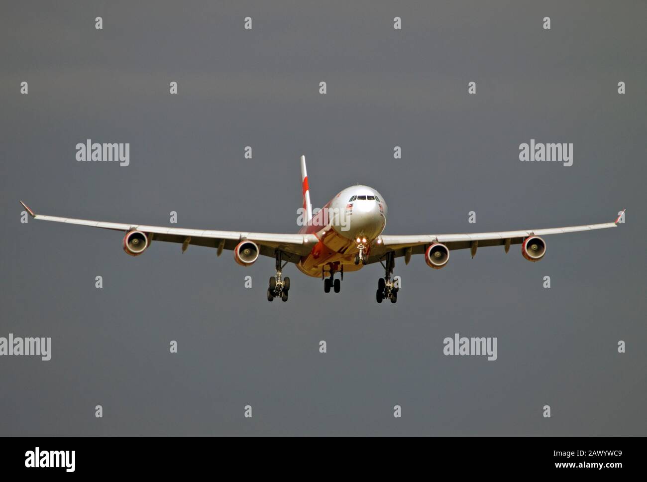 9M-XAB AirAsia X Airbus A340-313X landing at London Stansted on the 14th March 2009. Stock Photo