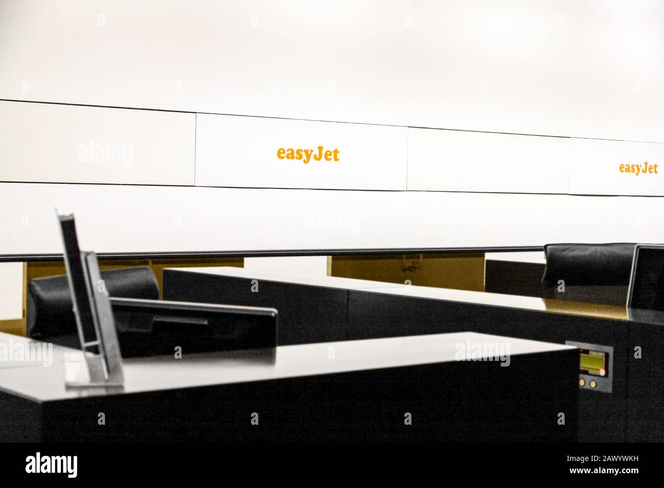 Zurich, Switzerland - June 11, 2017: Check-in counter of airline company easyjet at airport Zurich Stock Photo